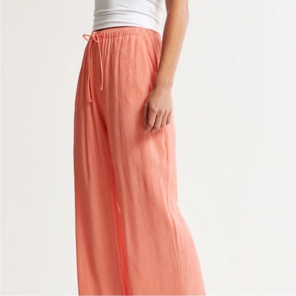 Abercrombie & Fitch Peach Pull On Drawstring Wide-Leg Crinkle Pants Sz Medium - Picture 4 of 10